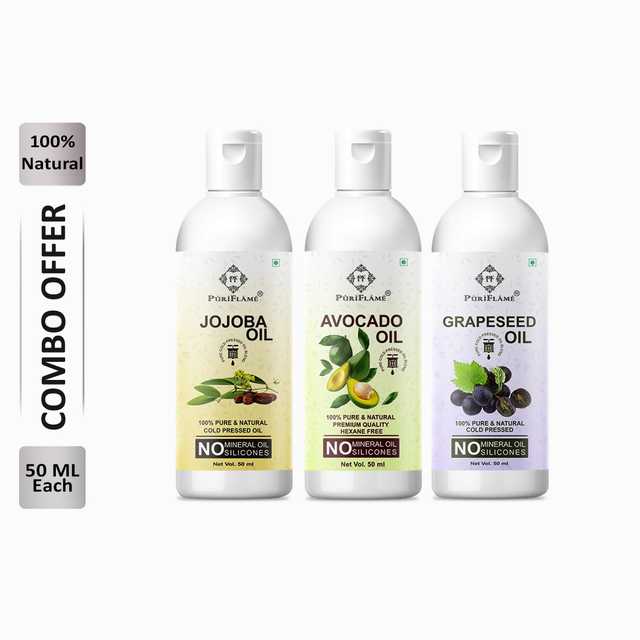 Puriflame Pure Jojoba Oil (50 ml), Avocado Oil (50 ml) & Grapeseed Oil (50 ml) Combo for Rapid Hair Growth (Pack of 3) (B-11389)