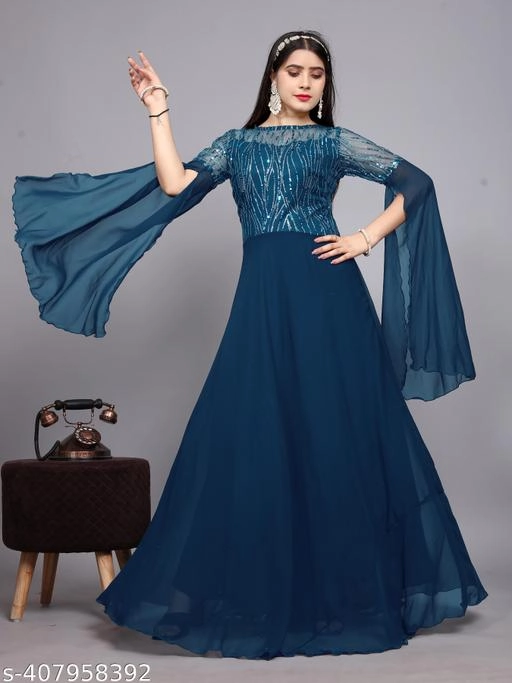 Georgette Embellished Gown for Women (Teal, S)