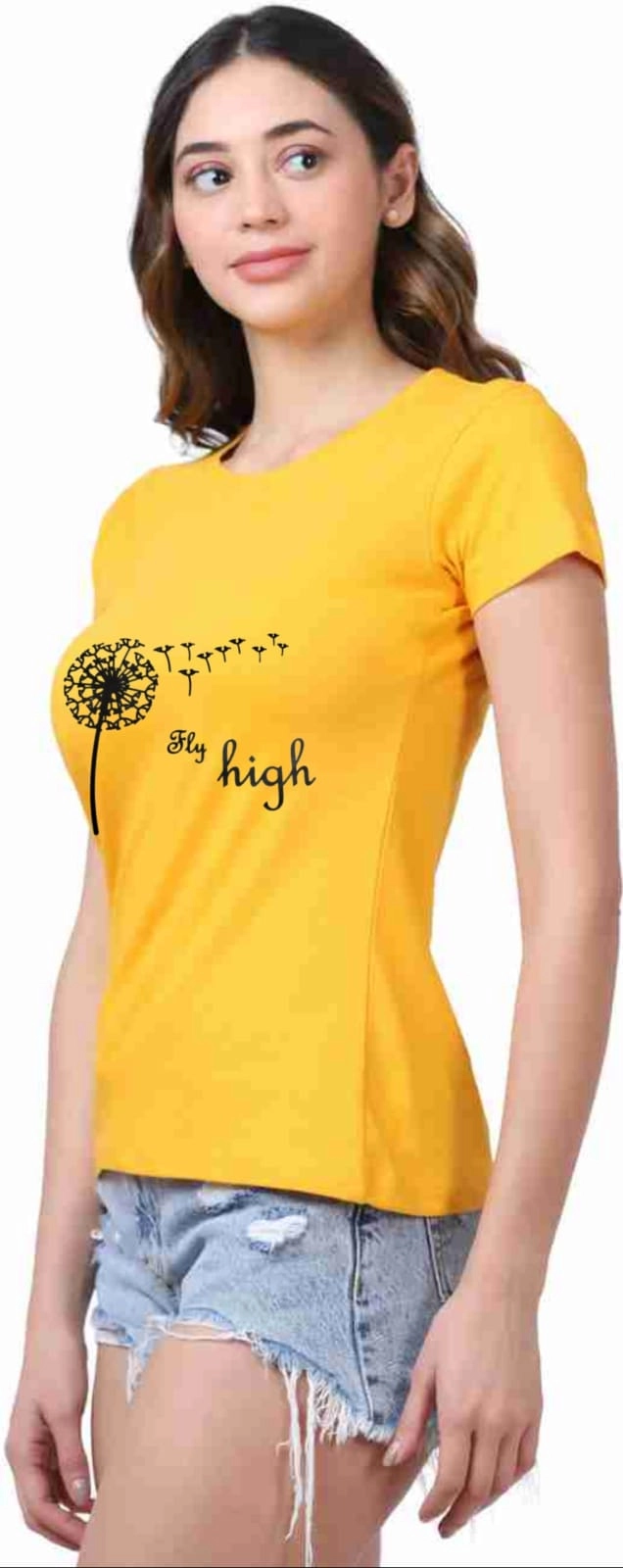 Round Neck Printed T-Shirt for Women (Yellow, S)