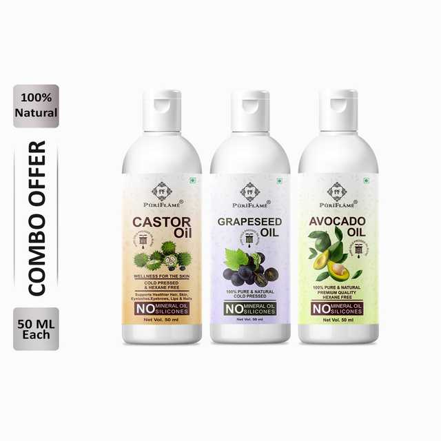 Puriflame Pure Castor Oil (50 ml), Grapeseed Oil (50 ml) & Avocado Oil (50 ml) Combo for Rapid Hair Growth (Pack Of 3) (B-9939)