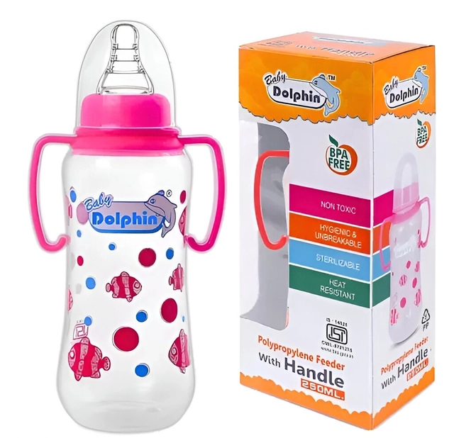 Baby Dolphin Anti-Colic Plastic Feeding Bottle 250ml with Handle | Pack of 1 |Liquid Silicone Nipple | BPA Free & Non-Toxic | Anti-Colic | Baby Feeder | Baby Milk Bottle