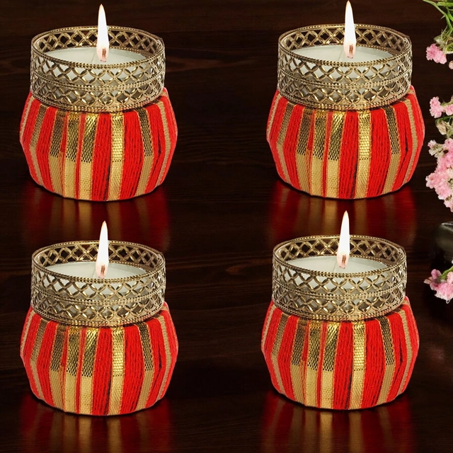 Metal Designer Tealight Candle Holder (Red, 4x4x5 cm) (Pack of 4)