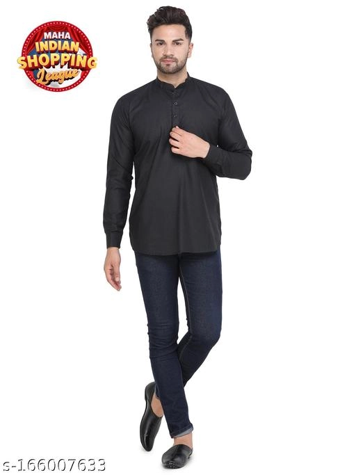 Cotton Blend Solid Short Kurta for Men (Black, S)