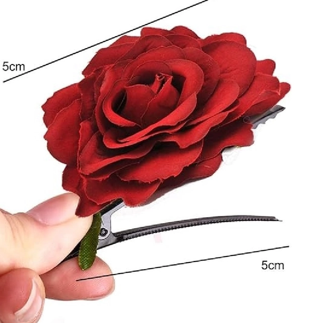 Artificial Bridal Rose Hair Clips for Women (Red, Pack of 2)