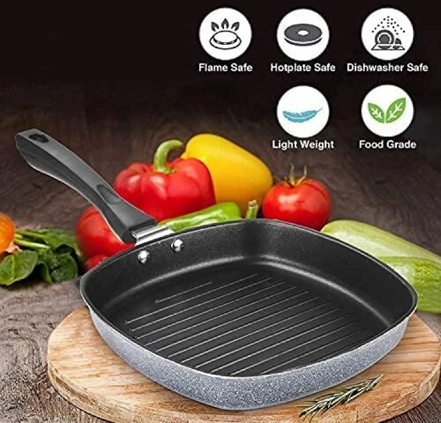 Non Stick Grill Pan with Handle (Grey, 22 cm)