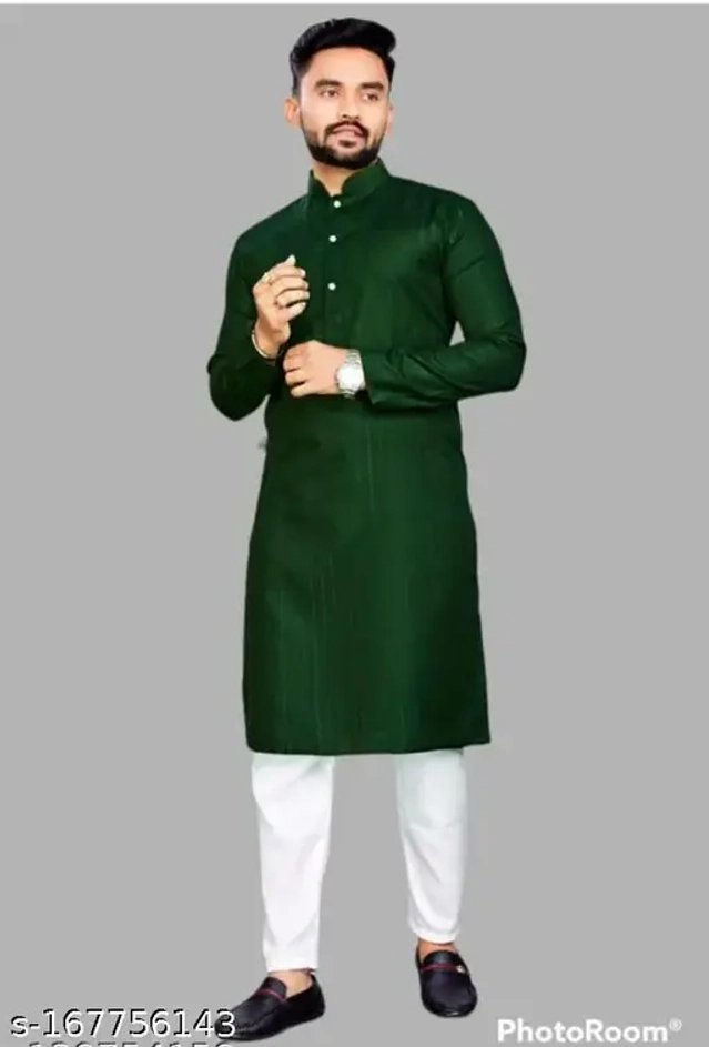 Cotton Blend Striped Kurta with Pyjama for Men (Bottle Green & White, S)