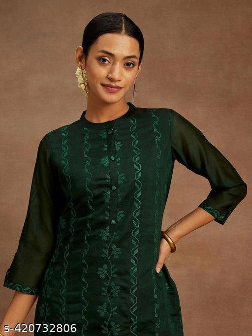 Cotton Silk Embroidered Kurti for Women (Green, XS)