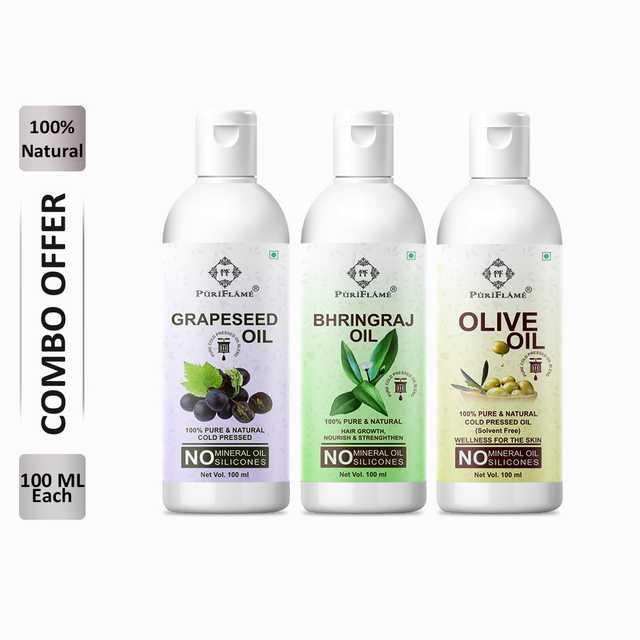 PuriFlame Pure Grapeseed Oil (100 ml) & Bhringaj Oil (100 ml) & Olive Oil (100 ml) Combo For Rapid Hair Growth (Pack Of 3) (B-4386)