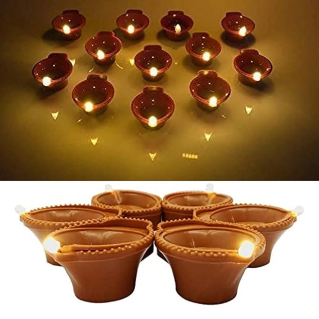 Plastic Traditional Water Sensor LED Diya for Diwali (Brown, Pack of 12)