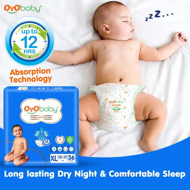 Oyo Baby Diaper Pants With Aloe Anti Rash Shield | 12 Hours Protection |X- Large - 12 To 17 Kg (36 Units - Pack Of 2)