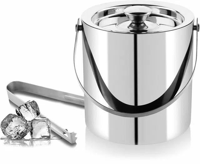 Stainless Steel Double Wall Ice Bucket With Tong (Silver, 1 L) (Re-19)