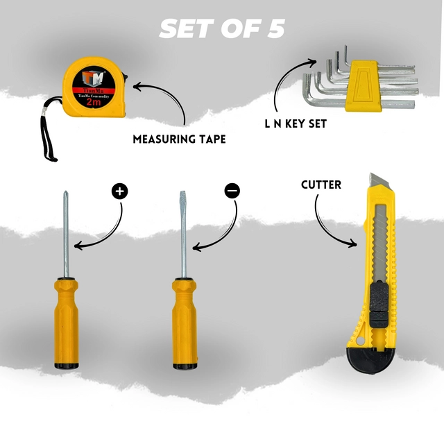 Ruzan Premium Combo of Measuring Tape, Cutter, 5 Pcs Allen Key Set, 2 Pcs Screw Drivers Hand Tools Kit (Multicolor, Set of 4)