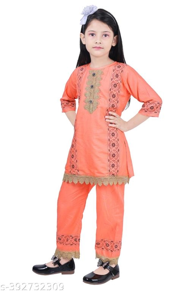 Rayon Printed Kurta with Pant for Girls (Peach, 4-5 Years)