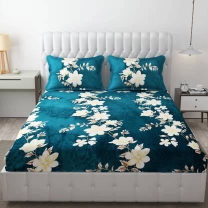 Fleece Floral Fitted Bedsheets with Two Pillow Covers (Teal, 78x72x8 Inches)