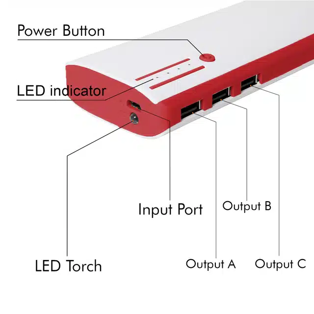 Lithium Ion 3 Out Ports Power Bank (White & Red, 20000 mAh)