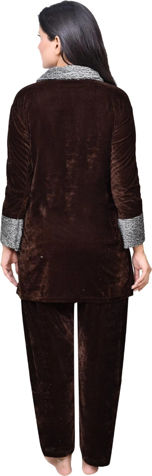 Velvet Solid Nightsuit for Women (Brown, M)