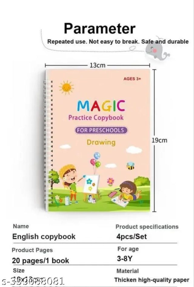 Combo of Magic Practice Copy Books (4 Pcs) with 10 Pcs Refilss, Pen & Grip for Kids (Set of 4)