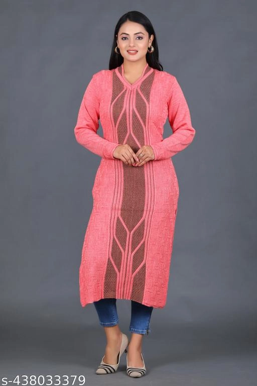 Woolen Printed Kurti for Women (Pink, L)