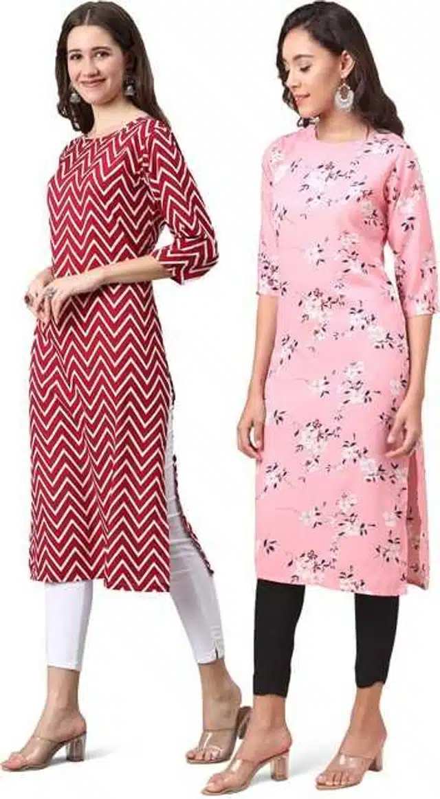 Women Crepe Printed Kurta (Pack Of 2) (Maroon & Pink, XXL) (SD-608)