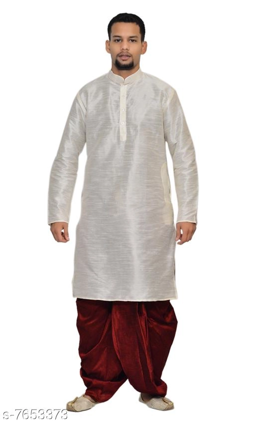 Dupion Silk Solid Kurta with Dhoti for Men (White & Maroon, S)