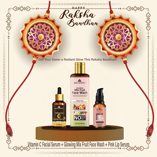 Combo of Bon Austin Vitamin C Serum (30 ml) with Glowing Mix Fruit Face Wash (200 ml) & Pink Lip Serum (30 ml) (Set of 3)