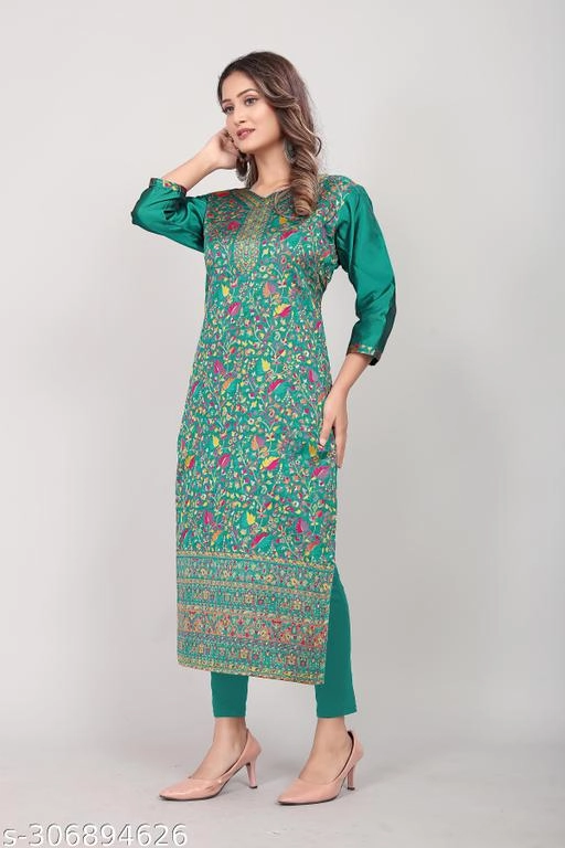 Pashmina Embroidered Kurti for Women (Green, L)