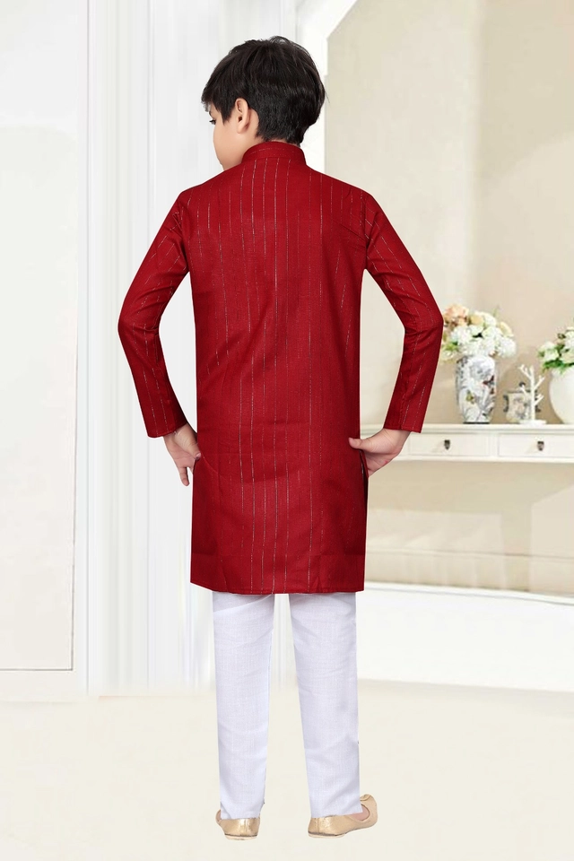 Cotton Full Sleeves Kurta with Pyjama for Boys (Red & White, 3-5 Years)