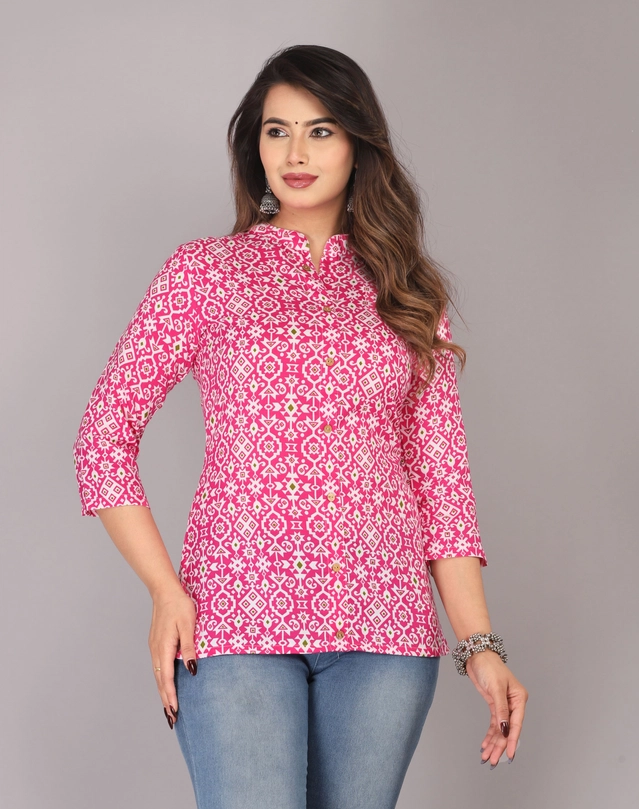 Viscose Rayon Printed Short Kurti for Women (Pink, XS)