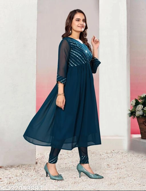 Georgette Embroidered Anarkali Kurti with Pant for Women (Teal, S)