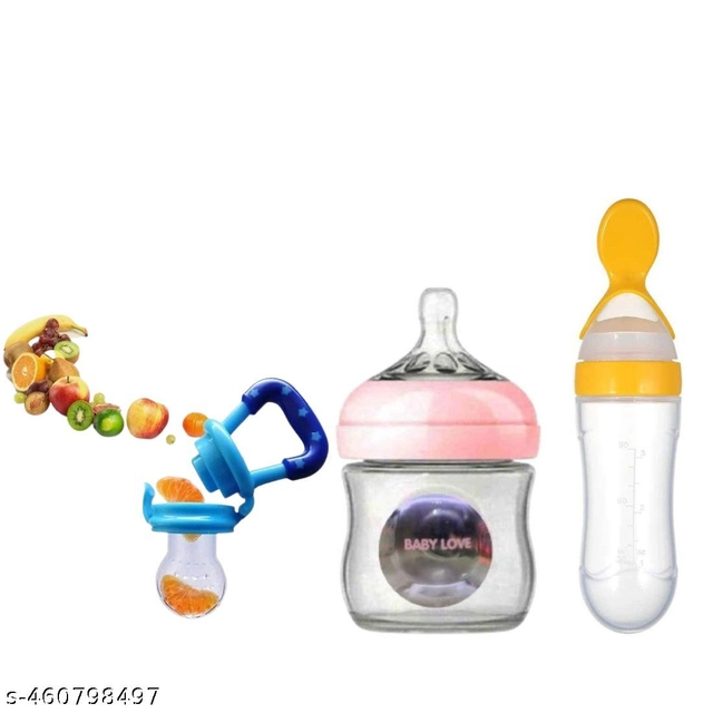 Combo of Milk Bottle (120 ml) with Feeder Bottle (90 ml) & Fruit Nibbler for Baby (Multicolor, Set of 3)