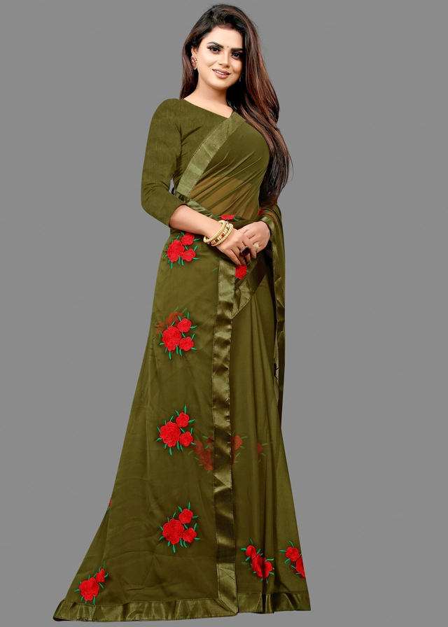 Georgette Embroidered Saree for Women (Olive, 6.3 m)