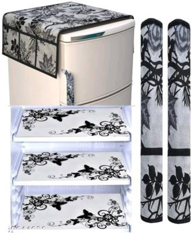 Polyester Printed Top Mat with Side Pockets, 3 Pcs Shelves Mat & Handle Cover for Fridge (Multicolor, 5 Pcs Set)