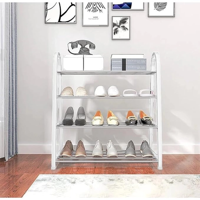 Tier Shoe Rack Detachable Open Book Shelf Metal Storage Holder Organizer Stand For Home Office (A Shape/White/4 Layer/62X27.5X54Cm)