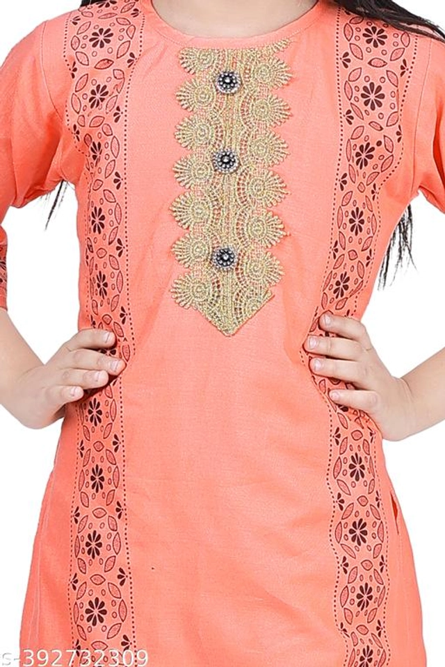 Rayon Printed Kurta with Pant for Girls (Peach, 4-5 Years)