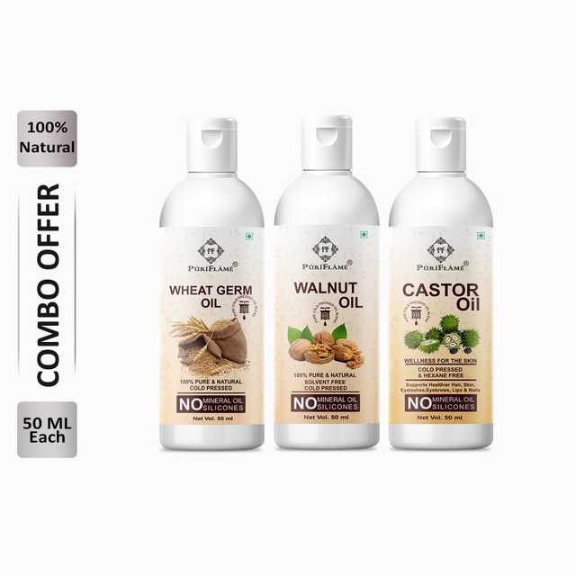 Puriflame Pure Wheat Germ Oil (50 ml), Walnut Oil (50 ml) & Castor Oil (50 ml) Combo for Rapid Hair Growth (Pack Of 3) (B-14413)