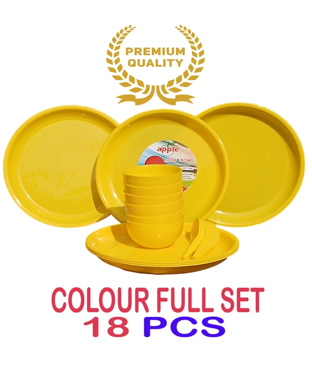 Plastic Microwave Safe 6 Pcs Plates with 6 Pcs Spoon & 6 Pcs Bowls (Yellow, Set of 18)