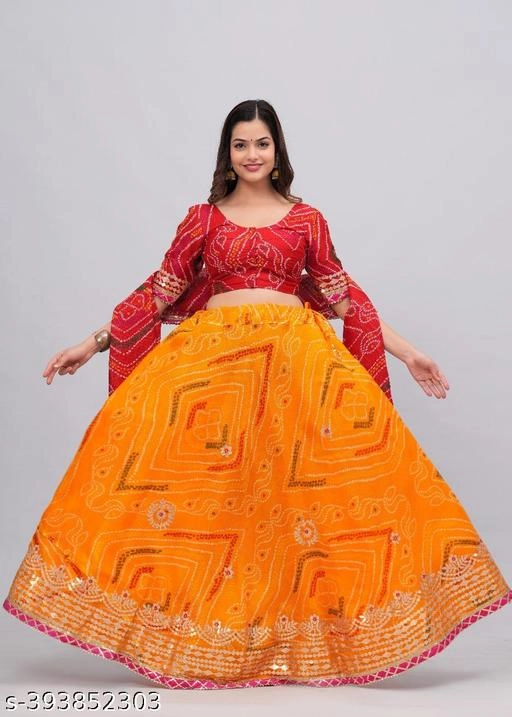 Kota Doriya Bandhani Semi Stitched Lehenga with Choli & Dupatta for Women (Red & Yellow)