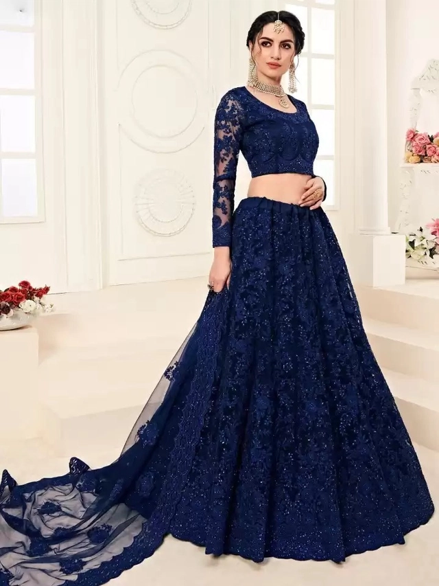 Net Embroidered Semi Stitched Lehenga Choli for Women (Blue, Free Size)