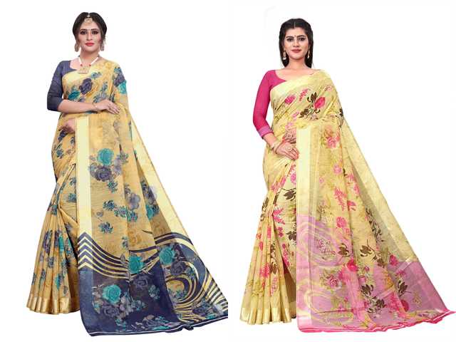 Trendy Cotton Linen Saree With Blouse Piece For Women (Pack Of 2) (Multicolor, 6.3 m) (M-5012)