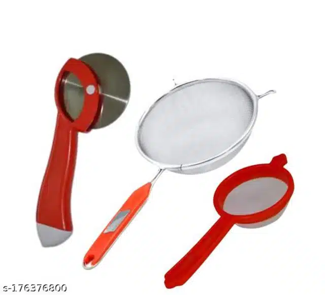 Stainless Steel Pizza Cutter with Tea & Soup Strainers (Red & Silver, Set of 3)