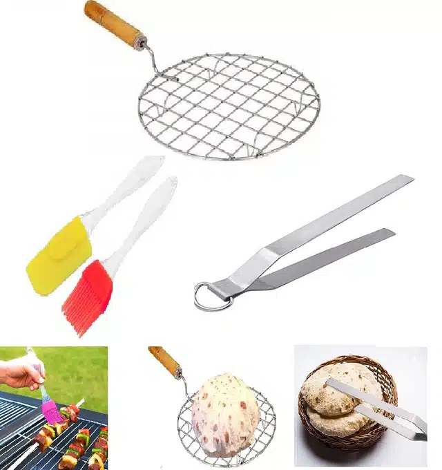 Stainless Steel Round Roasting Net with Tong, Oil Brush and Spatula (Silver, Set of 4)
