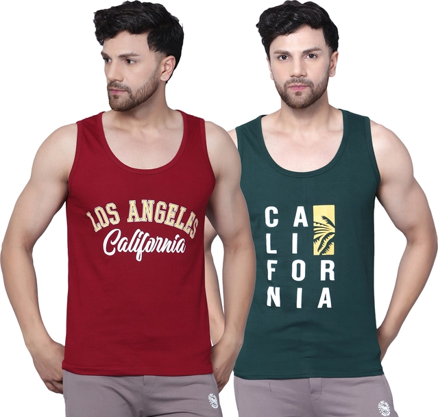 Cotton Blend Printed Vest for Men (Bottle Green & Maroon, M) (Pack of 2)