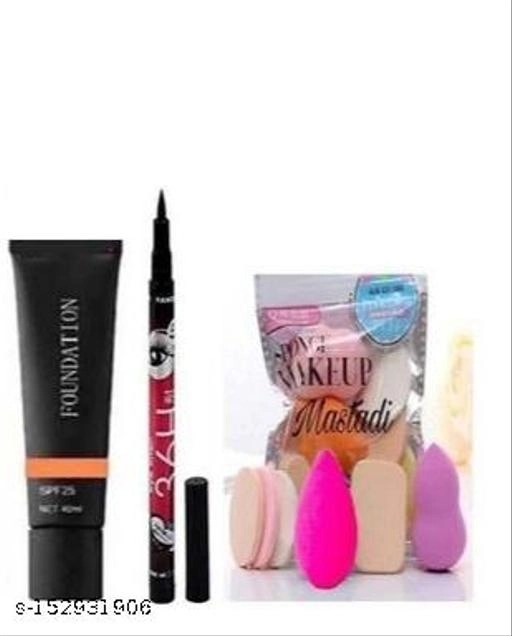 Combo of Foundation with Makeup Blender Puffs Set & 36H Eyeliner (Multicolor, Set of 3)