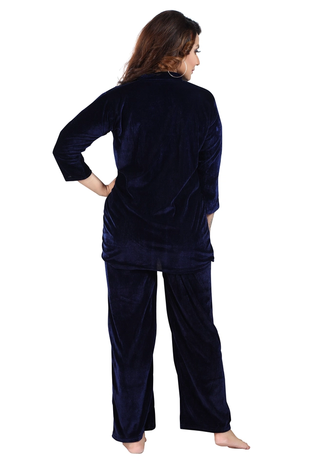 Velvet Solid Nightsuit for Women (Navy Blue, M)