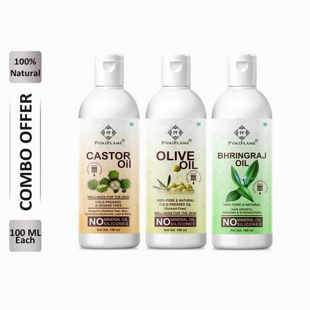PuriFlame Pure Castor Oil (100 ml) & Olive Oil (100 ml) & Bhringraj Oil (100 ml) Combo For Rapid Hair Growth (Pack Of 3) (B-3514)