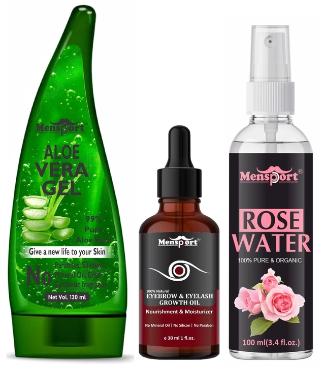 Mensport Aloevera Face Gel (130 ml), Eyebrow & Eyelash Growth Oil (30 ml), Natural Rose Water (100 ml) (Set of 3)