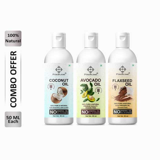Puriflame Pure Coconut Oil (50 ml), Avocado Oil (50 ml) & Flaxseed Oil (50 ml) Combo for Rapid Hair Growth (Pack Of 3) (B-10163)