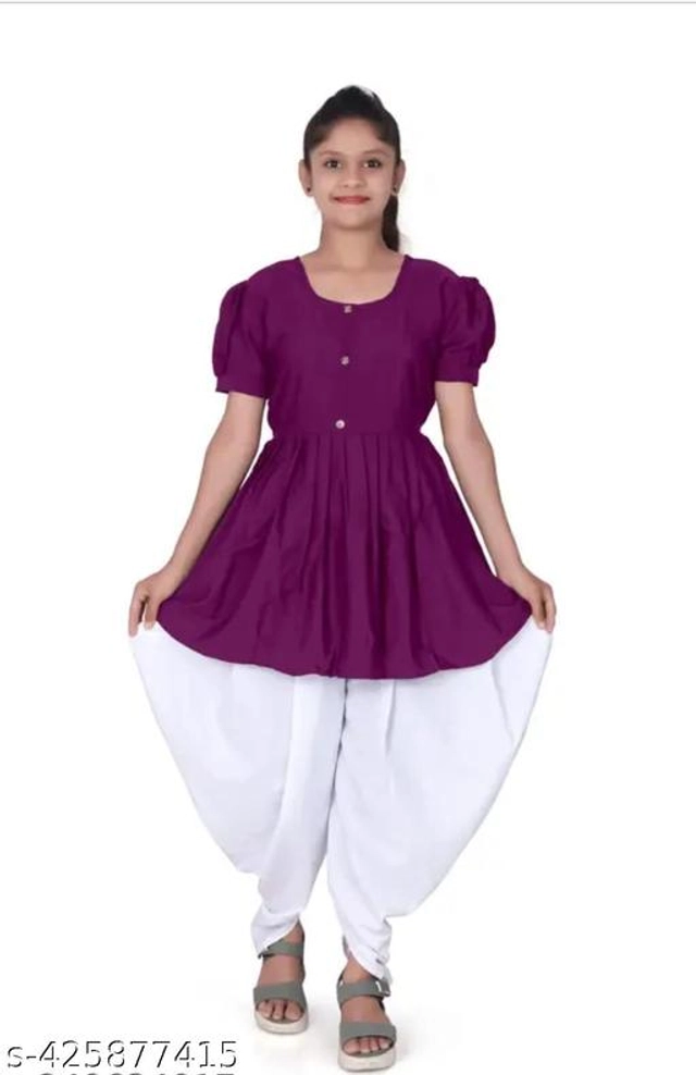 Crepe Solid Kurti with Dhoti for Girls (Purple & White, 2-3 Years)