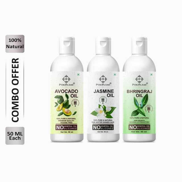 Puriflame Pure Avocado Oil (50 ml), Jasmine Oil (50 ml) & Bhringraj Oil (50 ml) Combo for Rapid Hair Growth (Pack Of 3) (B-9038)
