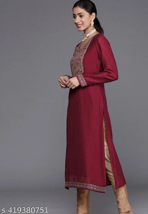 Silk Blend Embroidered Kurti for Women (Maroon, XS)